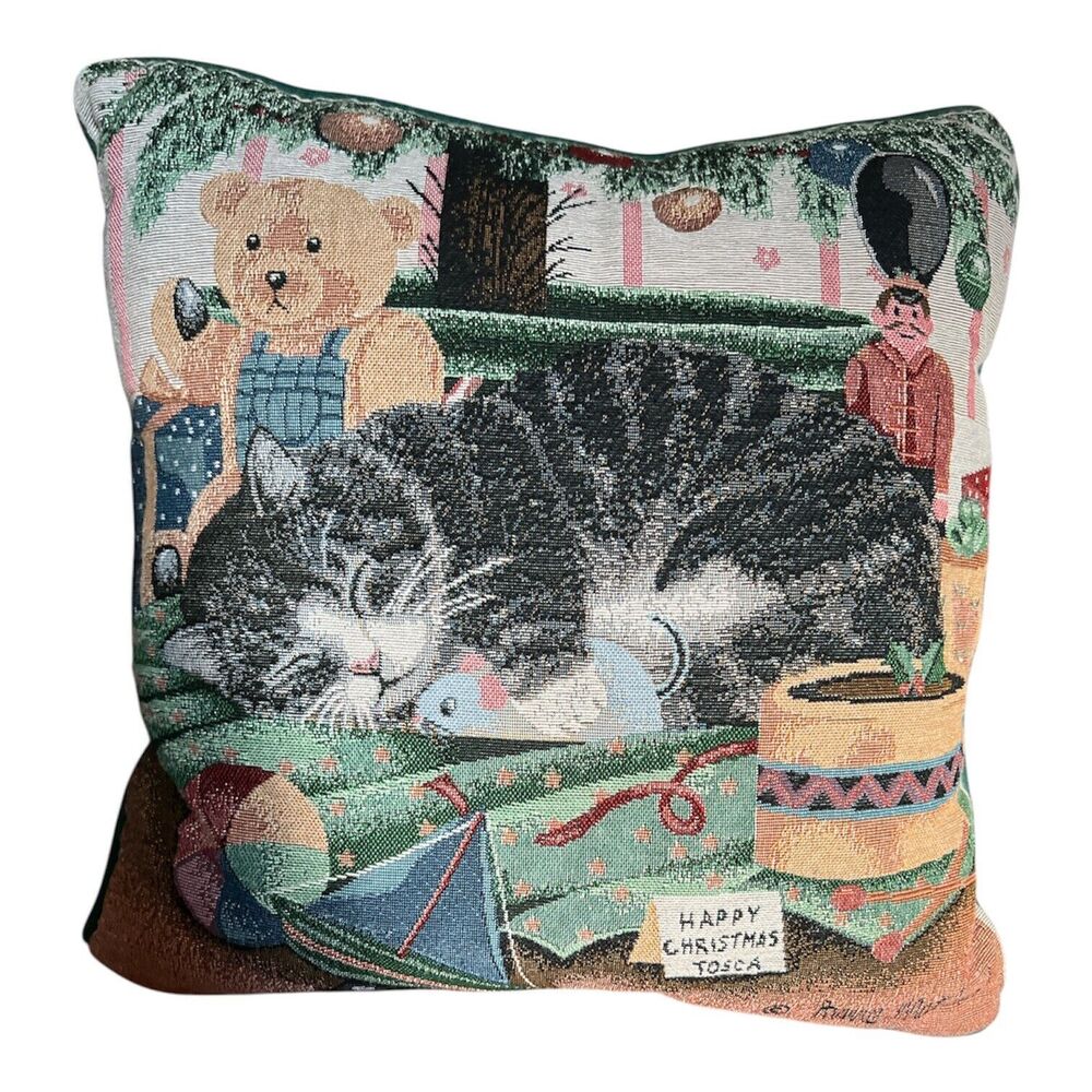 Anne Mortimer Christmas Cat Boat Nutcracker Tapestry Pillow 17x17 USA Vintage